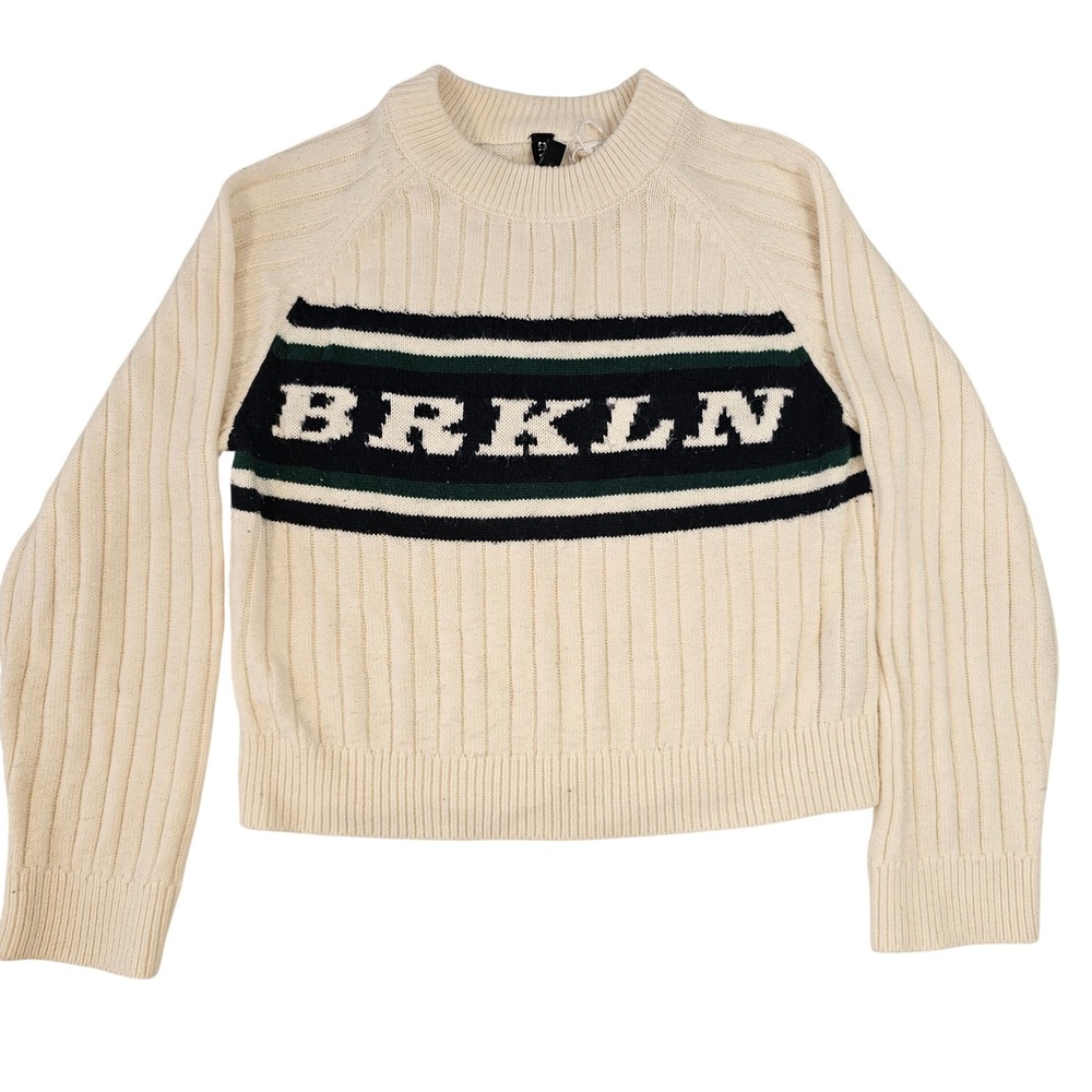 H&M Divided BRKLN Ribbed Varsity Sweater Cream Green Black Crew Neck Pullover